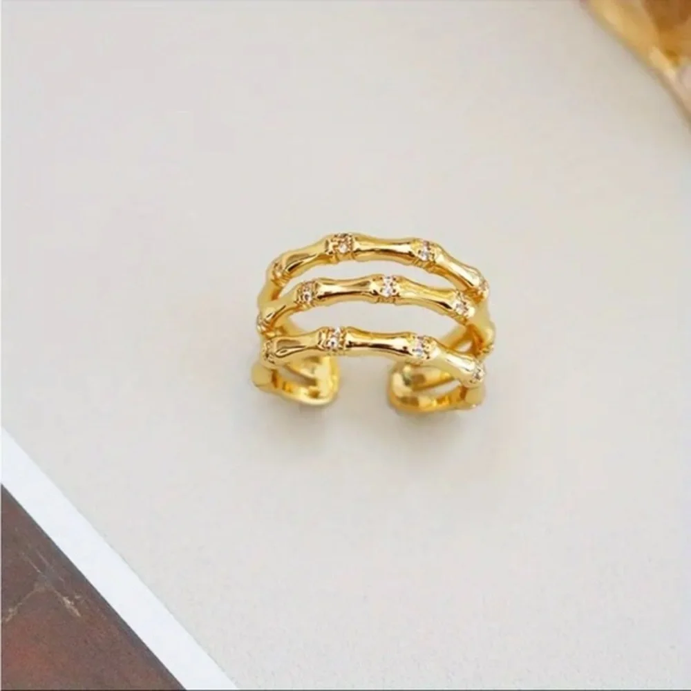 Gold Plated 14K Silver Bamboo CZ Adjustable Ring • NWT